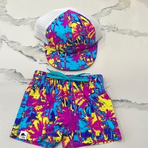 George hats trucker hat in toddler with matching swim trunks.